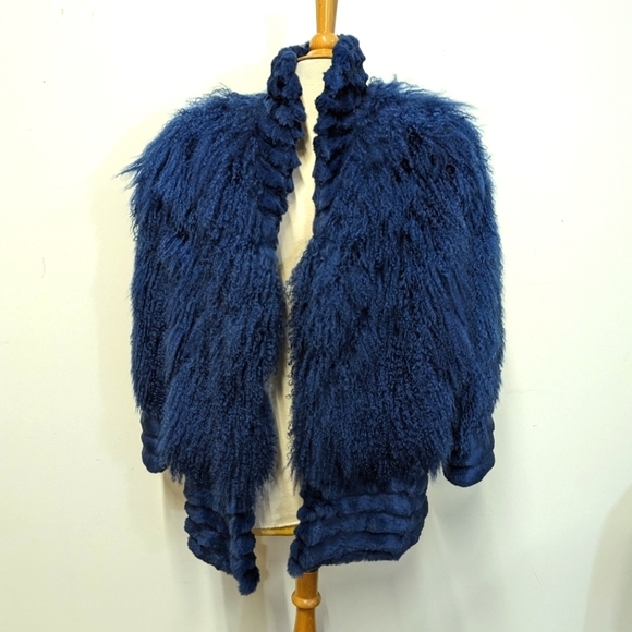 Vintage Jackets & Blazers - VINTAGE Blue Mongolian Curly Lamb Oversized Jacket Rhianna Superbowl Ad Small